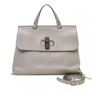 Authentic Gucci Bamboo Daily Leather Top Handle Bag Grey